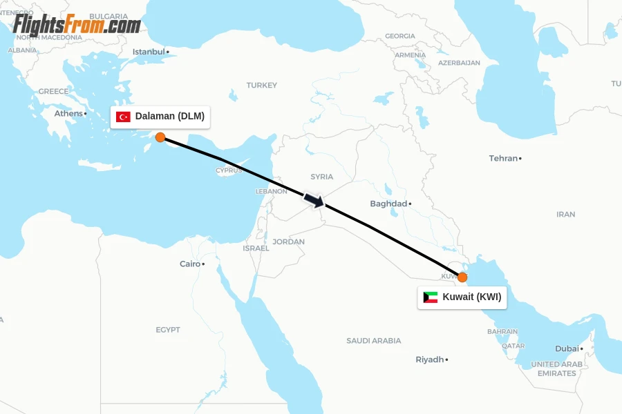 Flights from Dalaman to Kuwait route map