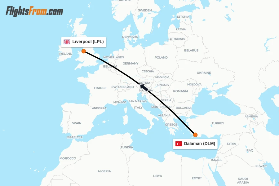 Flights from Dalaman to Liverpool route map