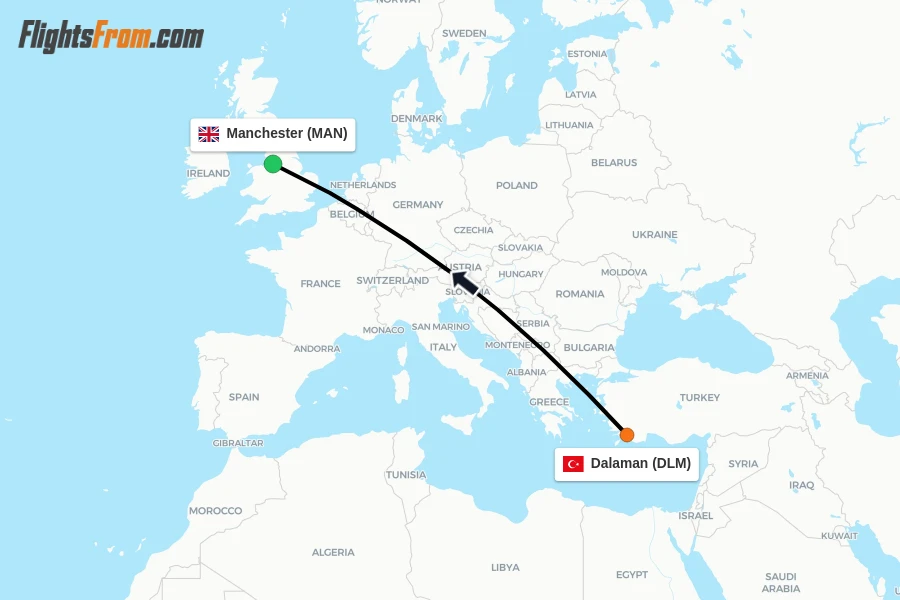 Flights from Dalaman to Manchester route map