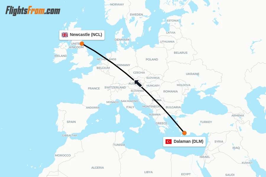 Flights from Dalaman to Newcastle route map