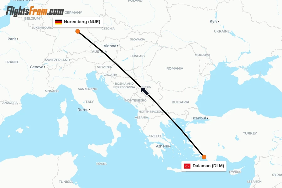 Flights from Dalaman to Nuremberg route map