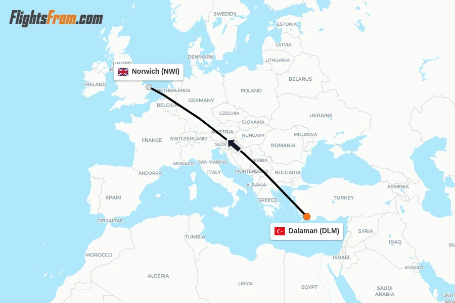 Flights from Dalaman to Norwich route map