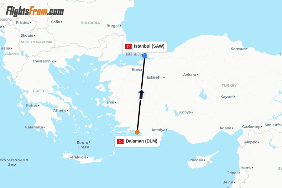 Flights from Dalaman to Istanbul route map