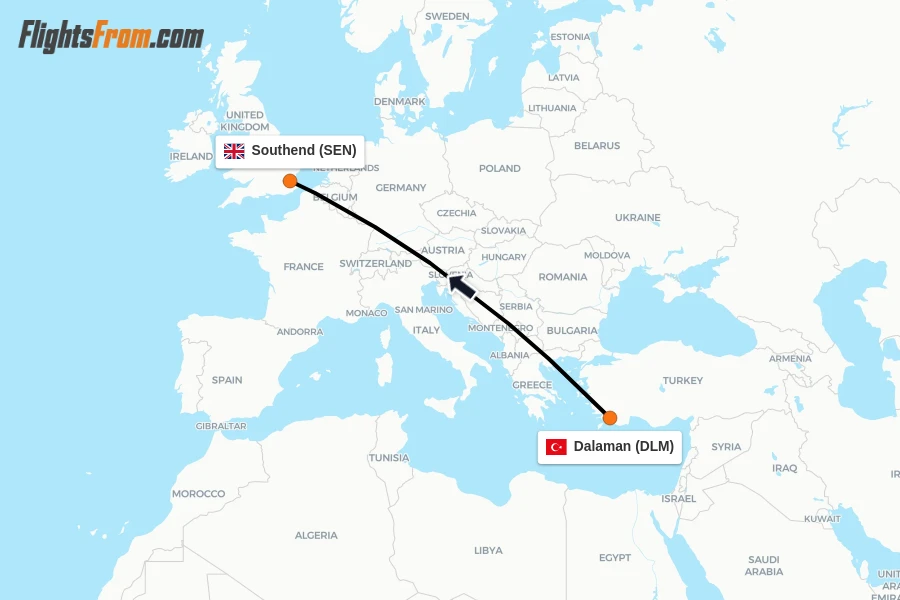 Flights from Dalaman to Southend route map