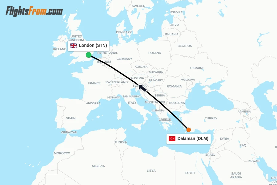 Flights from Dalaman to London route map
