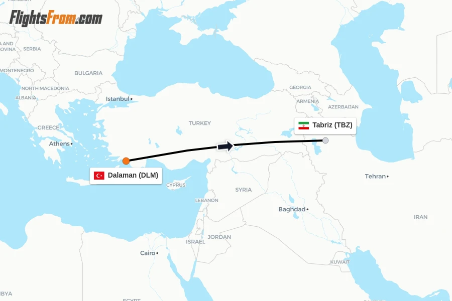 Flights from Dalaman to Tabriz route map