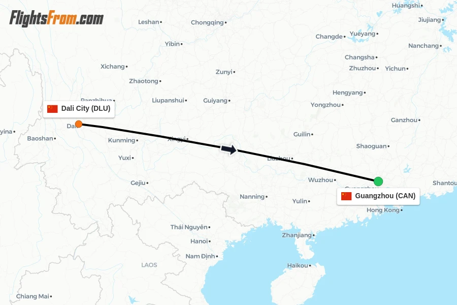 Flights from Dali City to Guangzhou route map