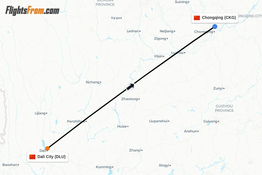 Flights from Dali City to Chongqing route map