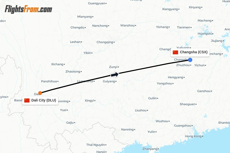 Flights from Dali City to Changsha route map