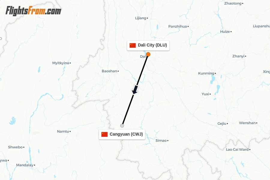Flights from Dali City to Cangyuan route map