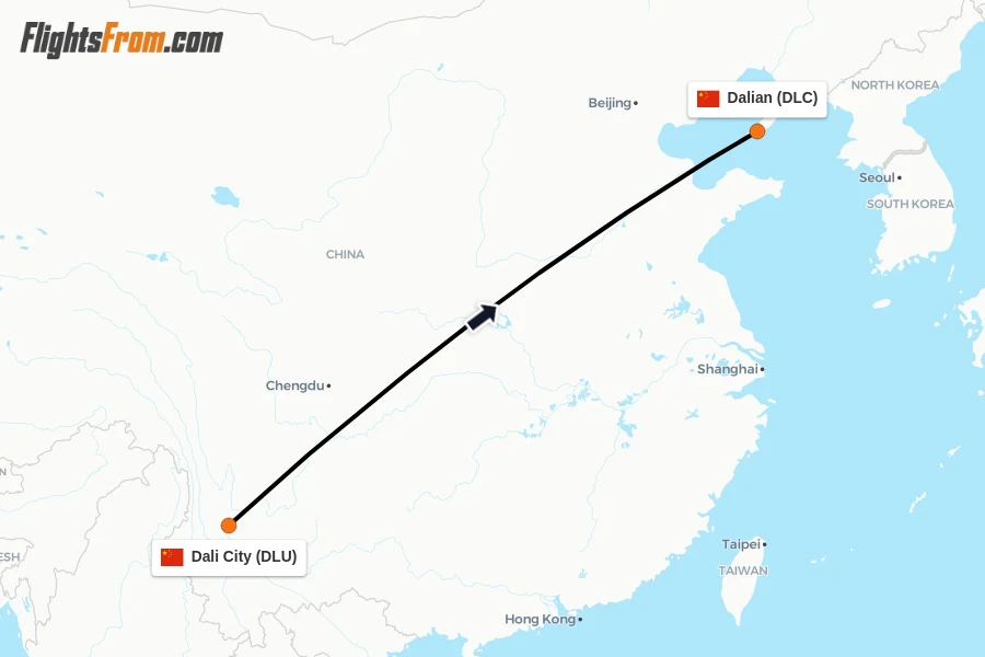 Flights from Dali City to Dalian route map