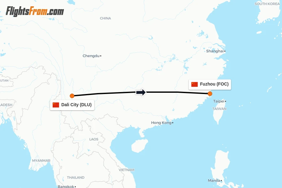 Flights from Dali City to Fuzhou route map