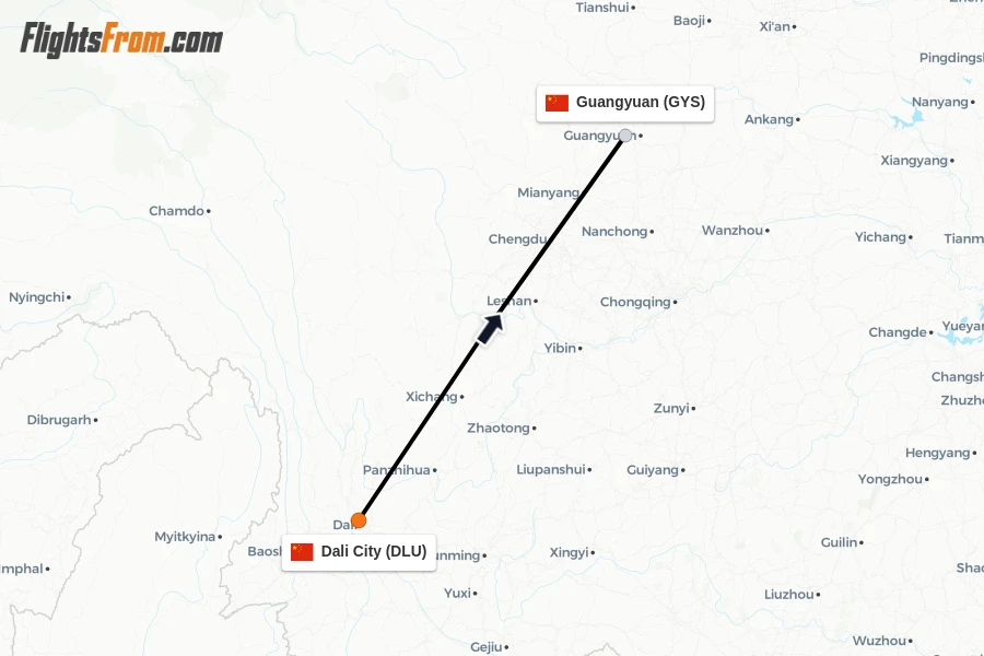 Flights from Dali City to Guangyuan route map