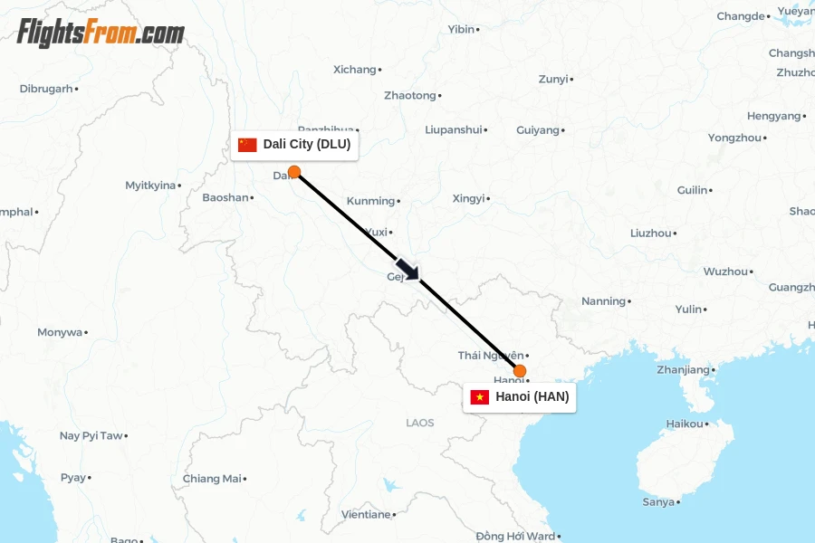 Flights from Dali City to Hanoi route map