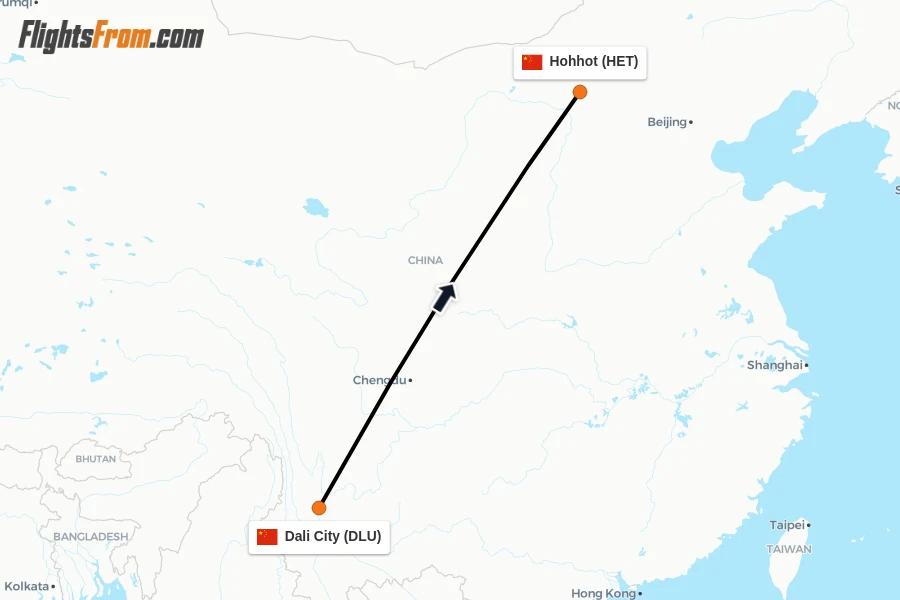 Flights from Dali City to Hohhot route map