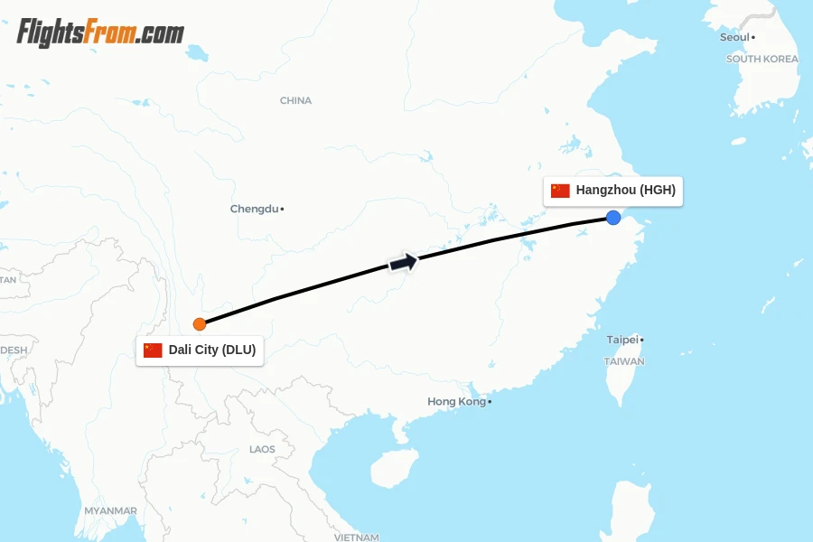 Flights from Dali City to Hangzhou route map
