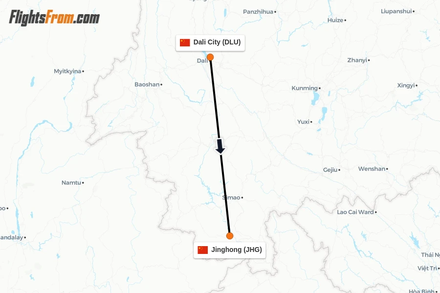 Flights from Dali City to Jinghong route map