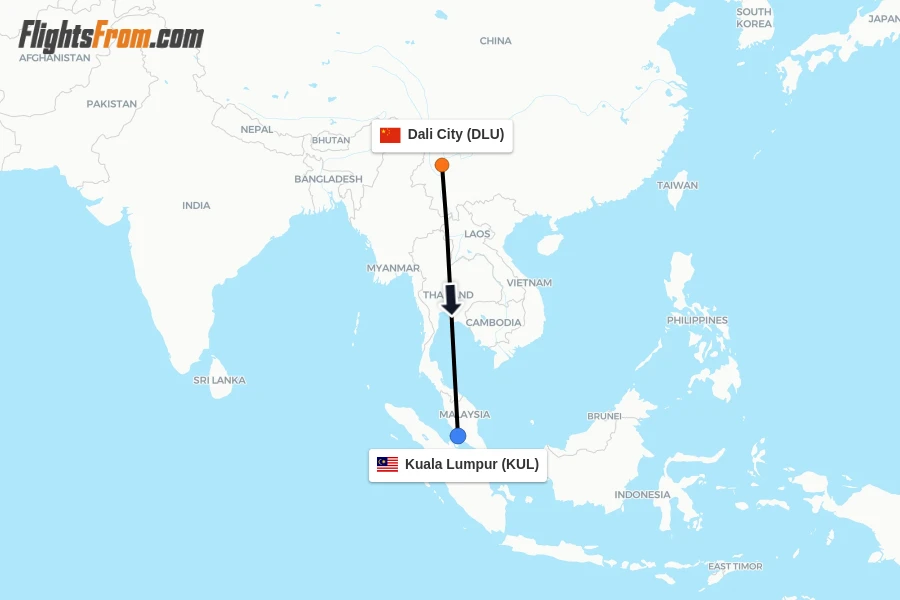Flights from Dali City to Kuala Lumpur route map