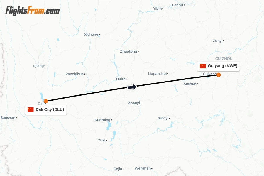 Flights from Dali City to Guiyang route map