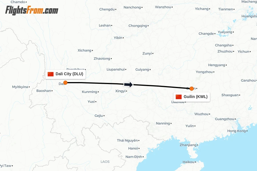 Flights from Dali City to Guilin route map