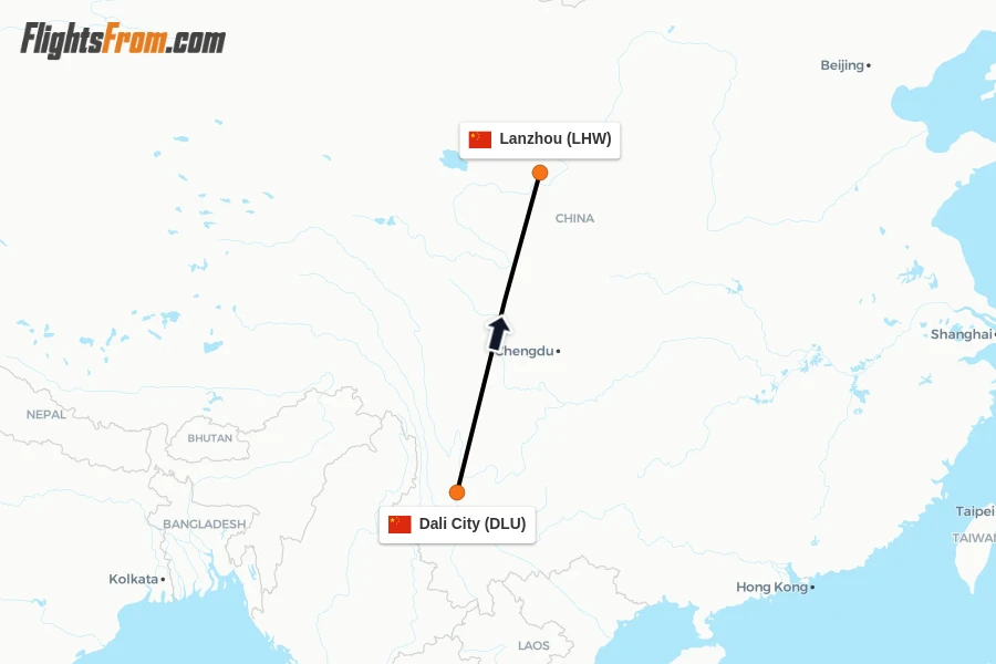 Flights from Dali City to Lanzhou route map