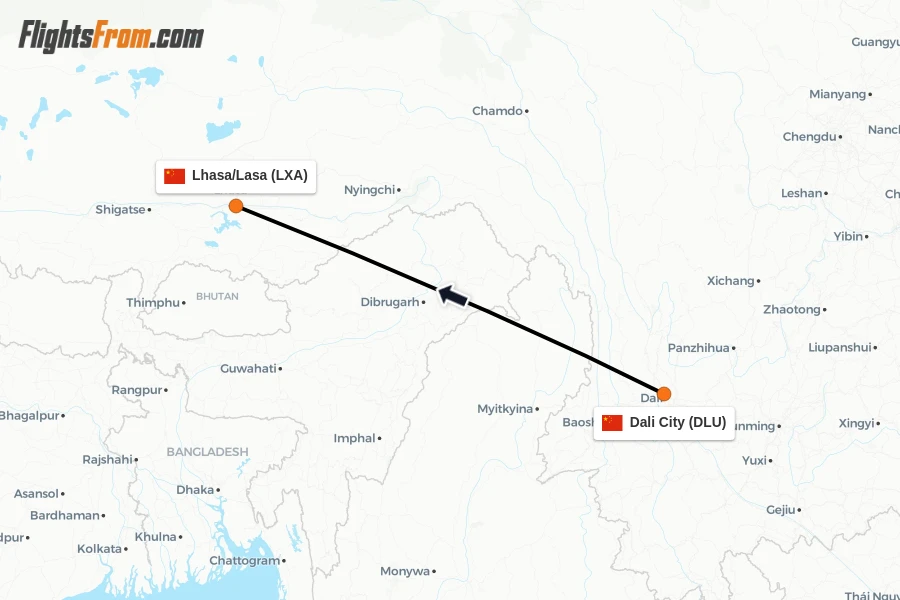 Flights from Dali City to Lhasa/Lasa route map