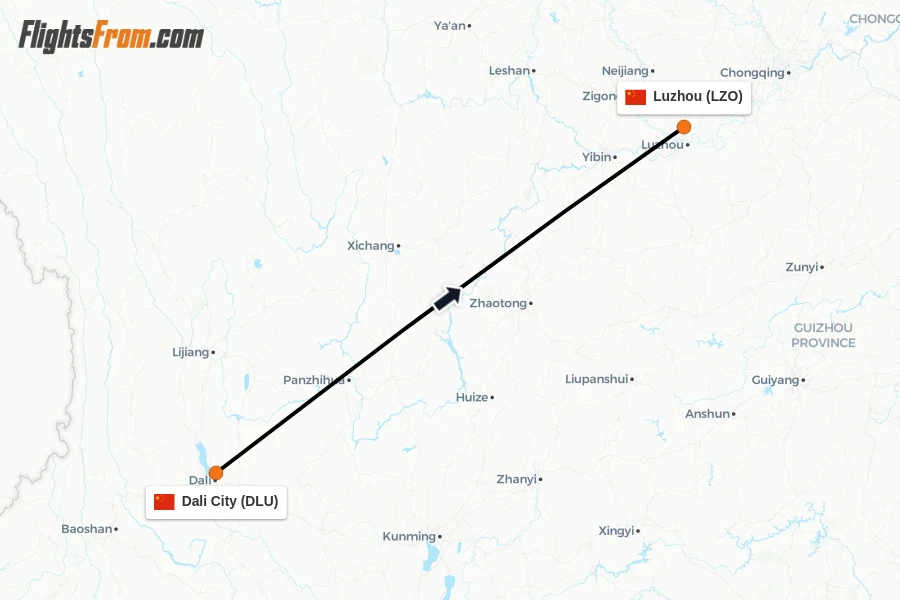 Flights from Dali City to Luzhou route map