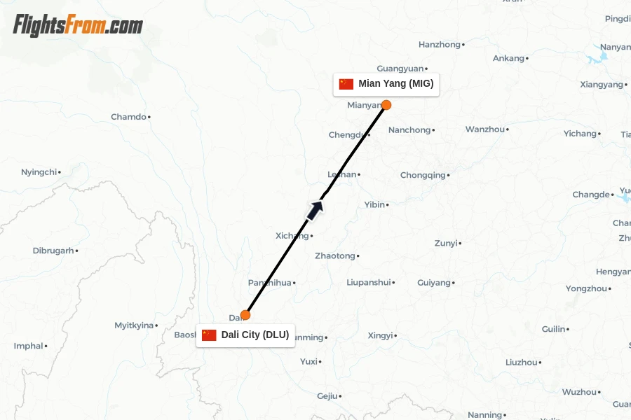 Flights from Dali City to Mian Yang route map