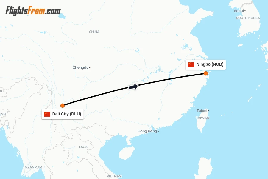 Flights from Dali City to Ningbo route map
