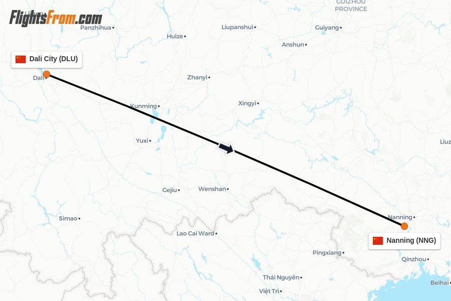 Flights from Dali City to Nanning route map
