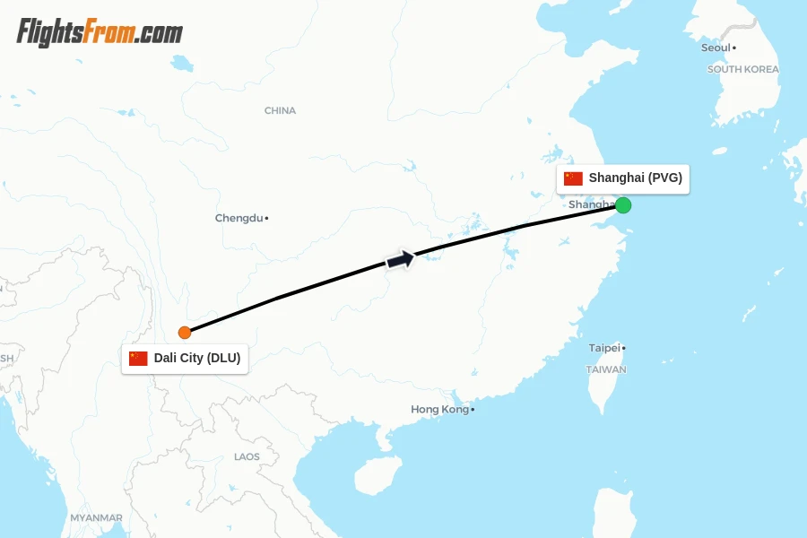Flights from Dali City to Shanghai route map