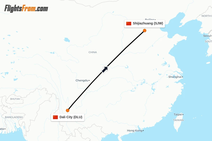 Flights from Dali City to Shijiazhuang route map