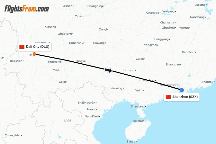 Flights from Dali City to Shenzhen route map
