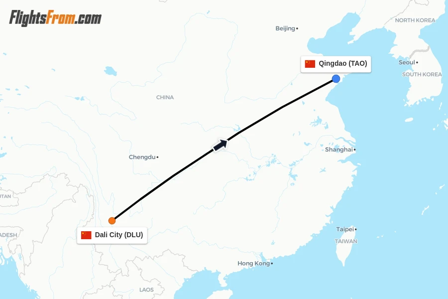 Flights from Dali City to Qingdao route map