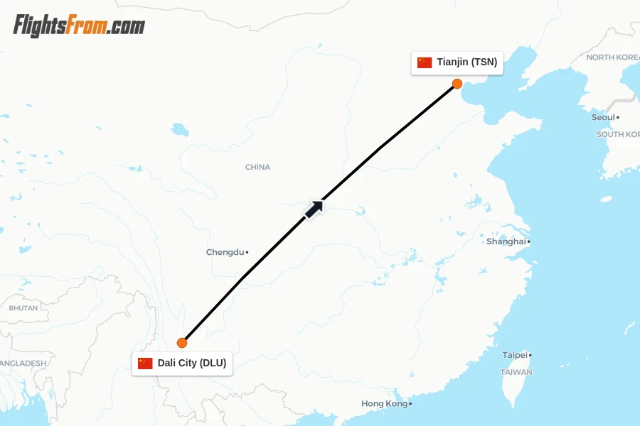 Flights from Dali City to Tianjin route map