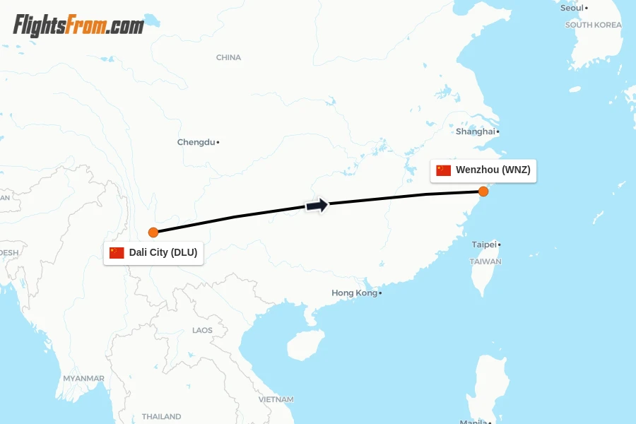 Flights from Dali City to Wenzhou route map