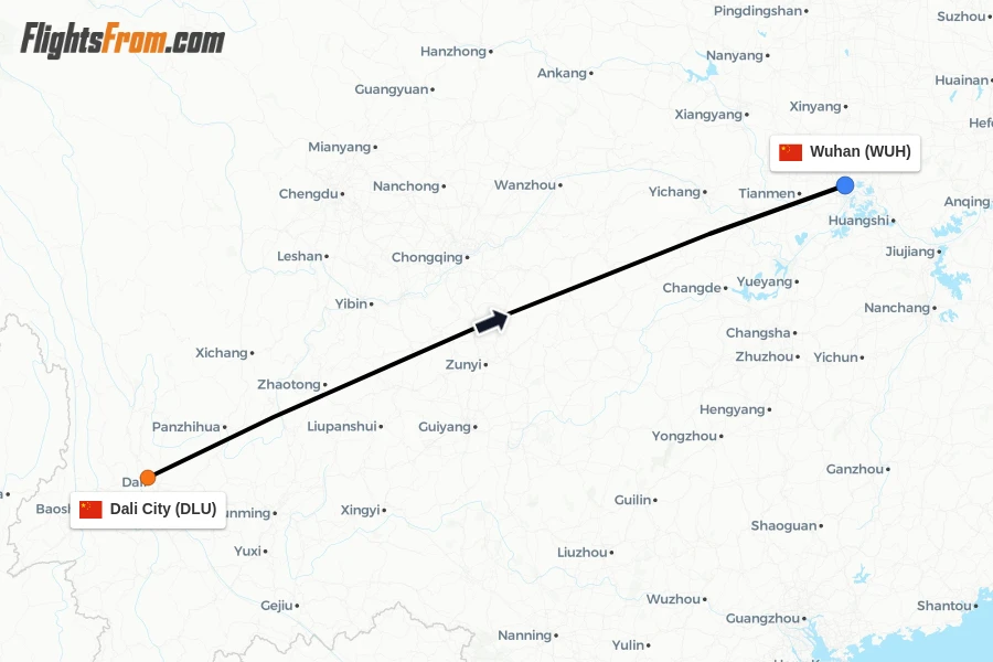 Flights from Dali City to Wuhan route map