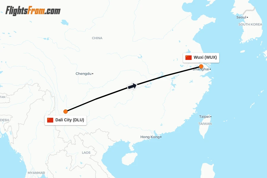 Flights from Dali City to Wuxi route map