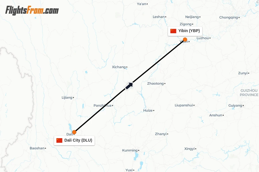 Flights from Dali City to Yibin route map
