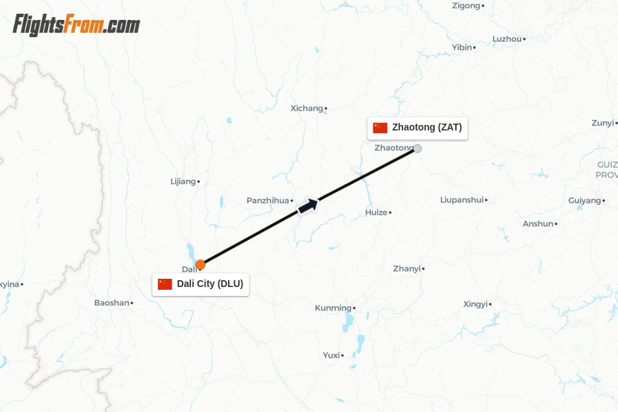 Flights from Dali City to Zhaotong route map
