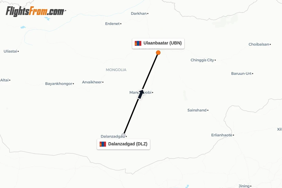 Flights from Dalanzadgad to Ulaanbaatar route map