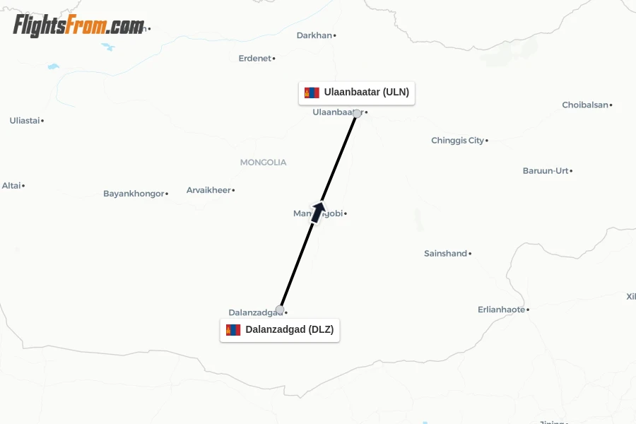 Flights from Dalanzadgad to Ulaanbaatar route map