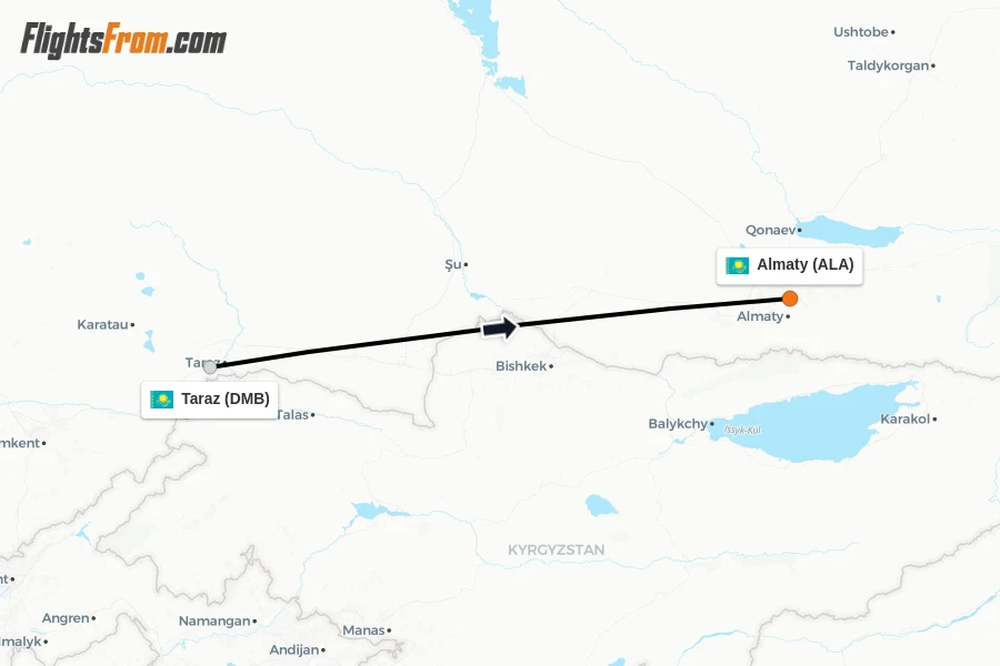 Flights from Taraz to Almaty route map