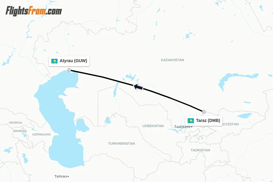 Flights from Taraz to Atyrau route map