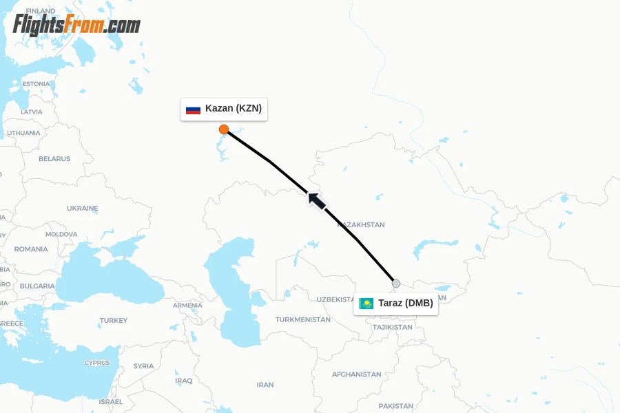 Flights from Taraz to Kazan route map