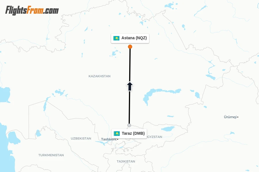 Flights from Taraz to Astana route map