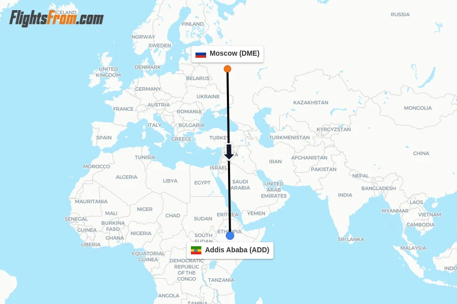 Flights from Moscow to Addis Ababa route map