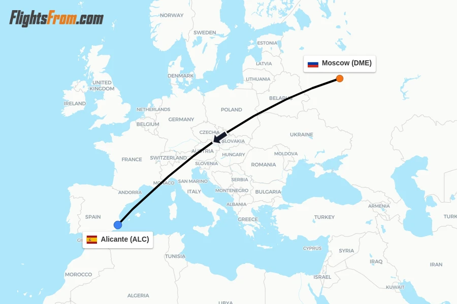Flights from Moscow to Alicante route map