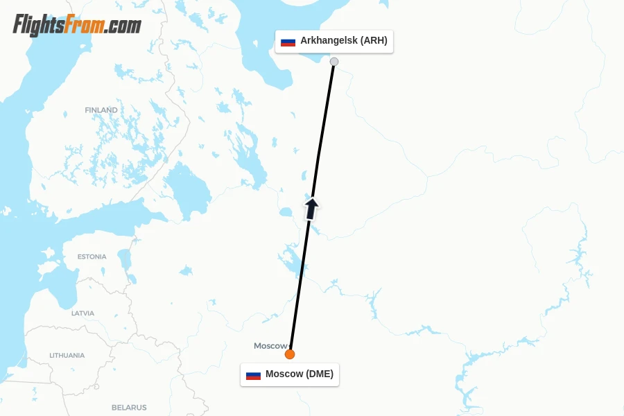 Flights from Moscow to Arkhangelsk route map