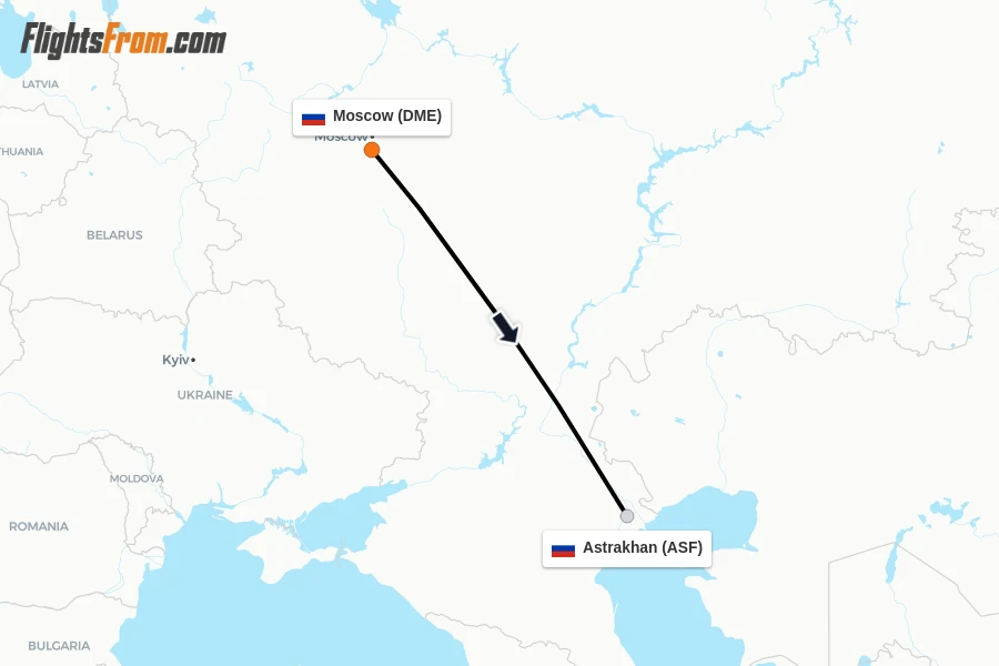 Flights from Moscow to Astrakhan route map